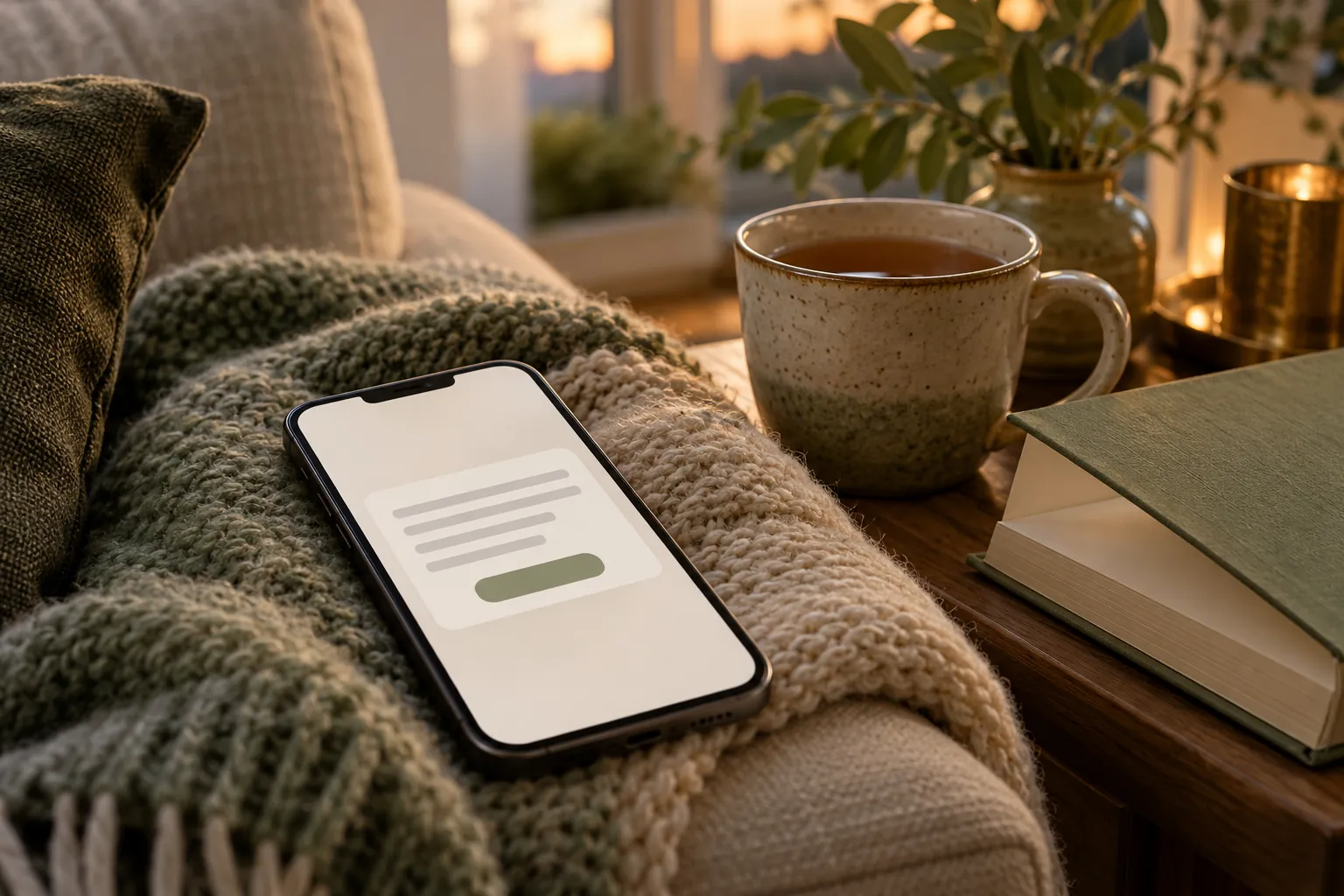 A phone on a wool throw showing an abstract email card with one button, beside a mug of tea