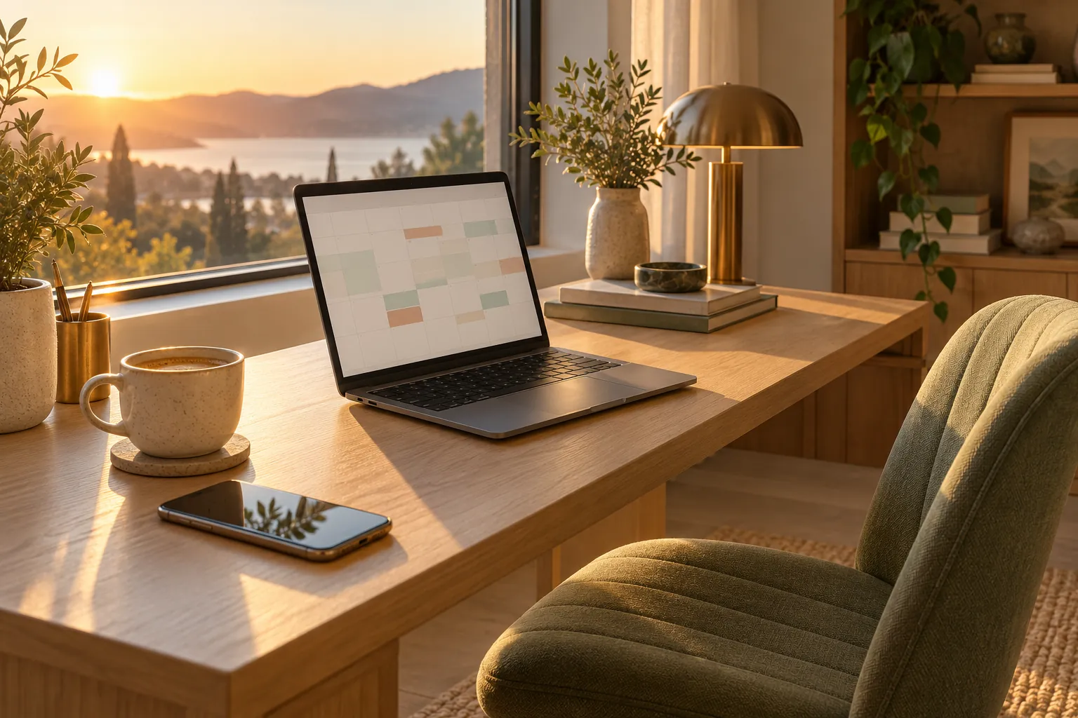 A laptop showing an abstract booking calendar on an oak desk at golden hour beside an empty chair