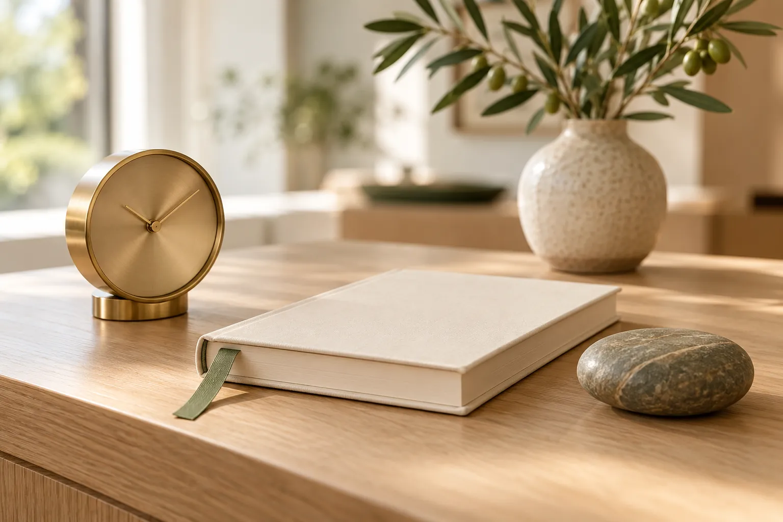 A brass desk clock without numerals, an ivory appointment book and a smooth stone on an oak desk