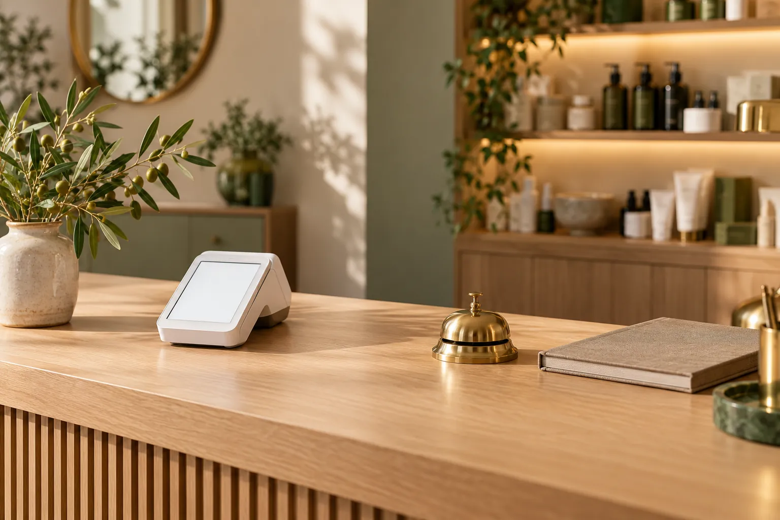 A light oak reception desk with a blank card terminal, a brass bell and a closed appointment book