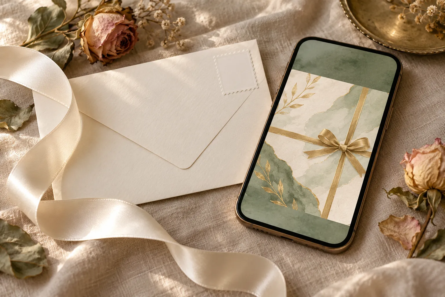 An ivory envelope with a ribbon next to a phone showing an abstract sage and gold gift card