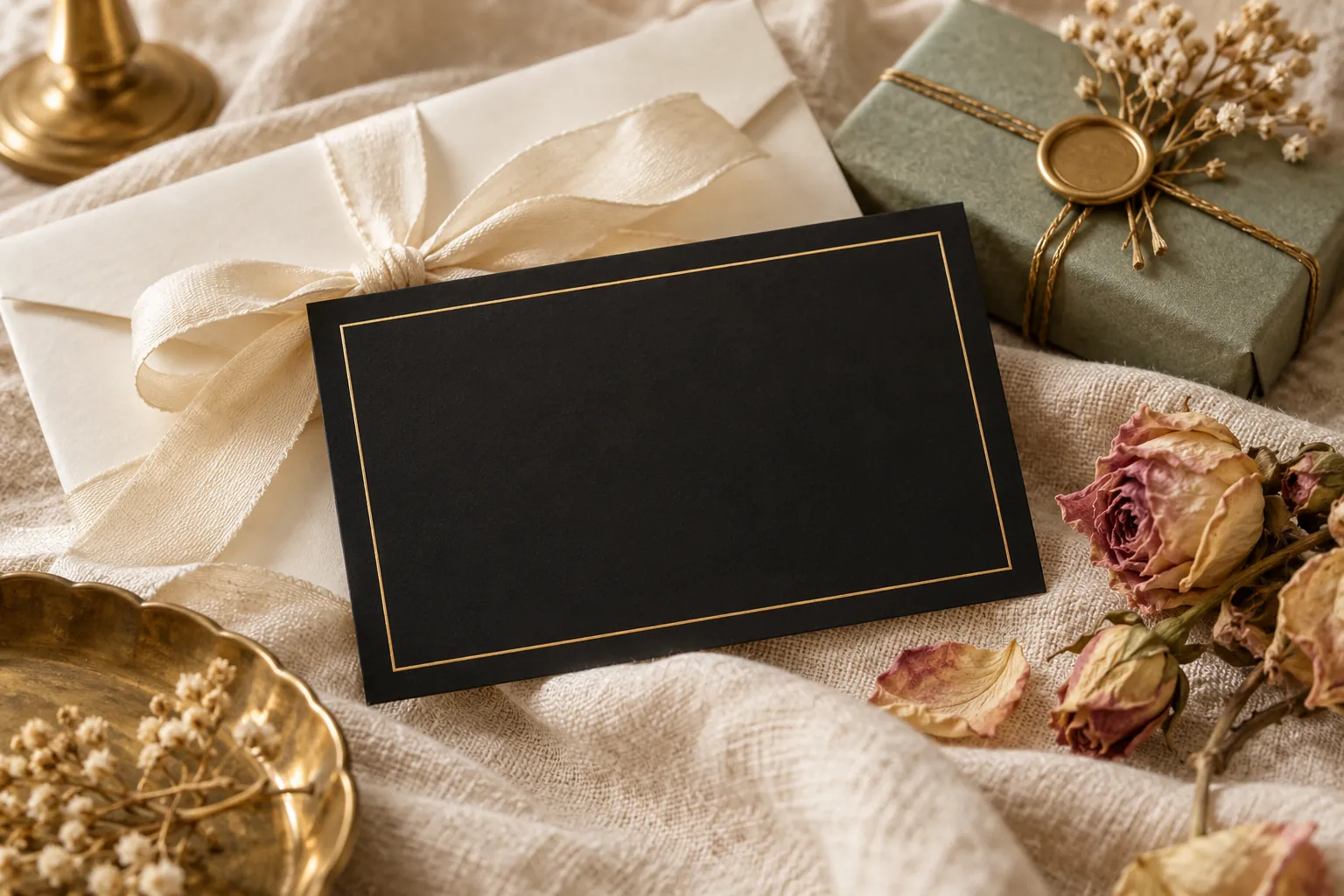 A black and gold gift card on an ivory envelope with a silk ribbon, a small wrapped box and dried roses