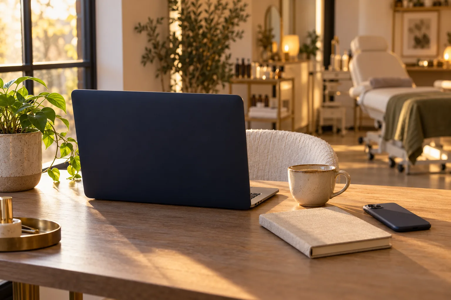 A calm desk by a window with a laptop, notebook and coffee, a small studio softly out of focus behind it