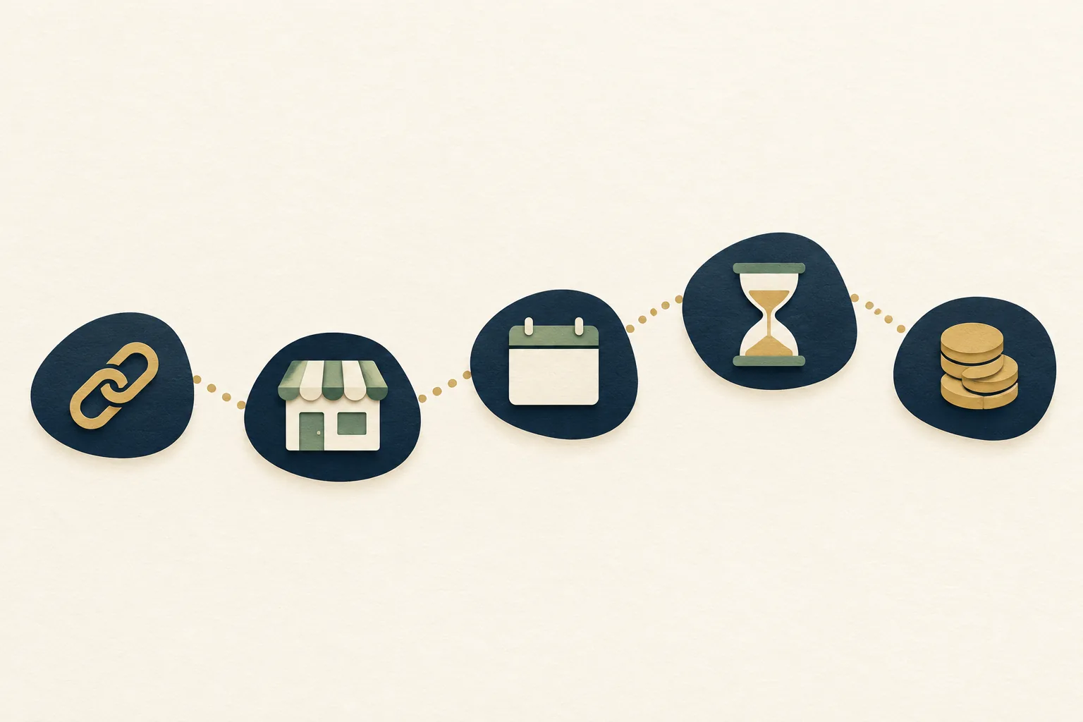 A text-free illustration of a path from a link to a shop front, a calendar, an hourglass and a stack of coins