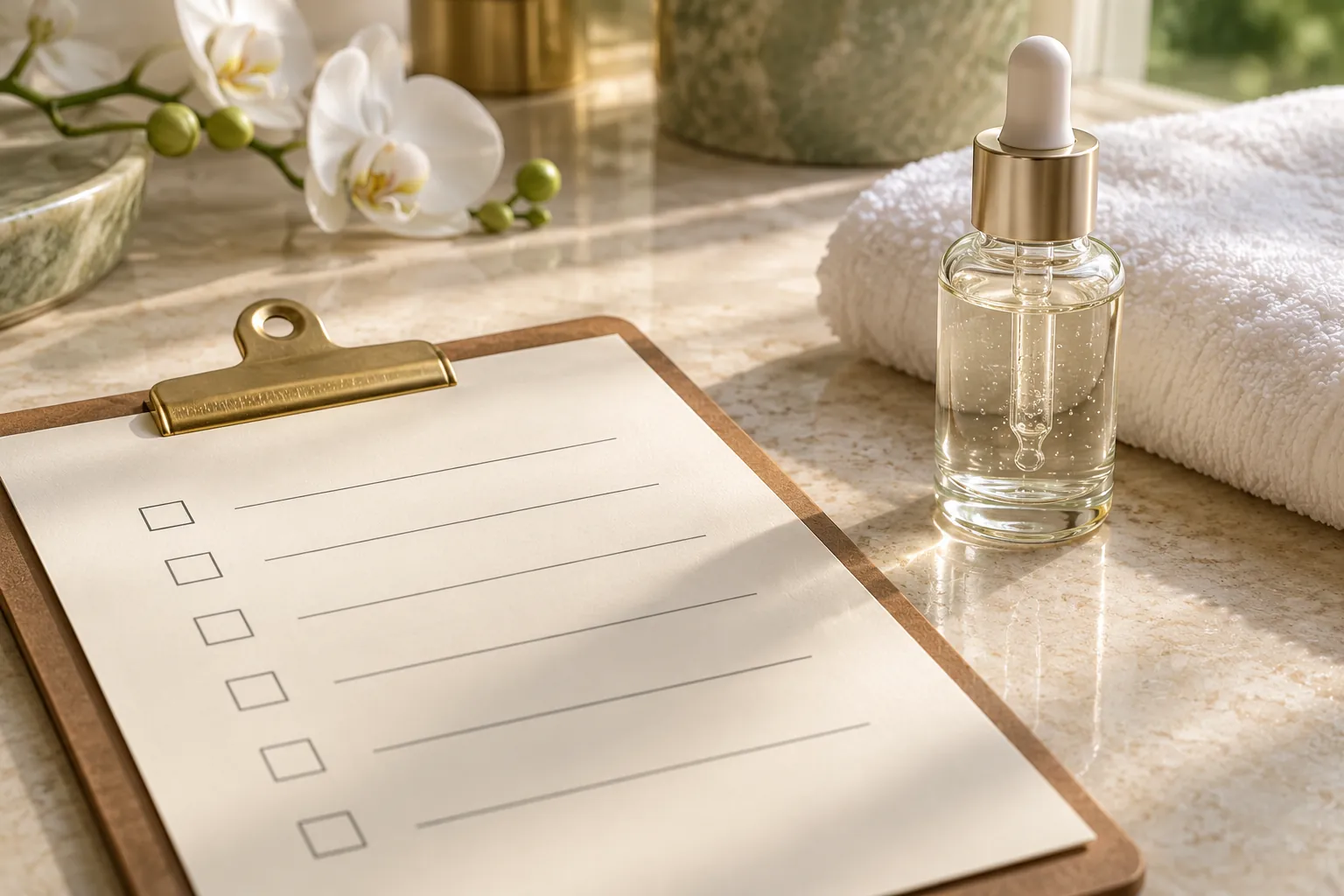 A clipboard with abstract checkboxes beside a serum bottle and a folded towel on a stone counter