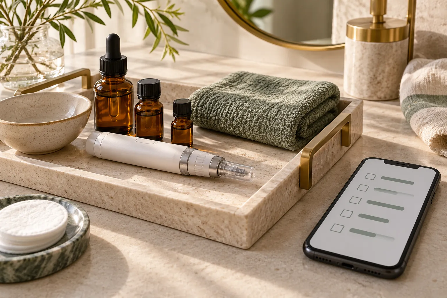 A skincare tray with serum vials and a microneedling pen beside a phone showing an abstract checklist