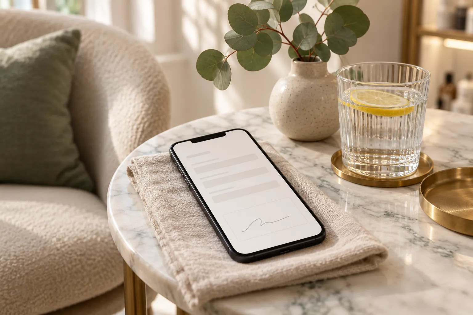 A phone on a cream napkin showing an abstract form with a signature stroke, next to a glass of water