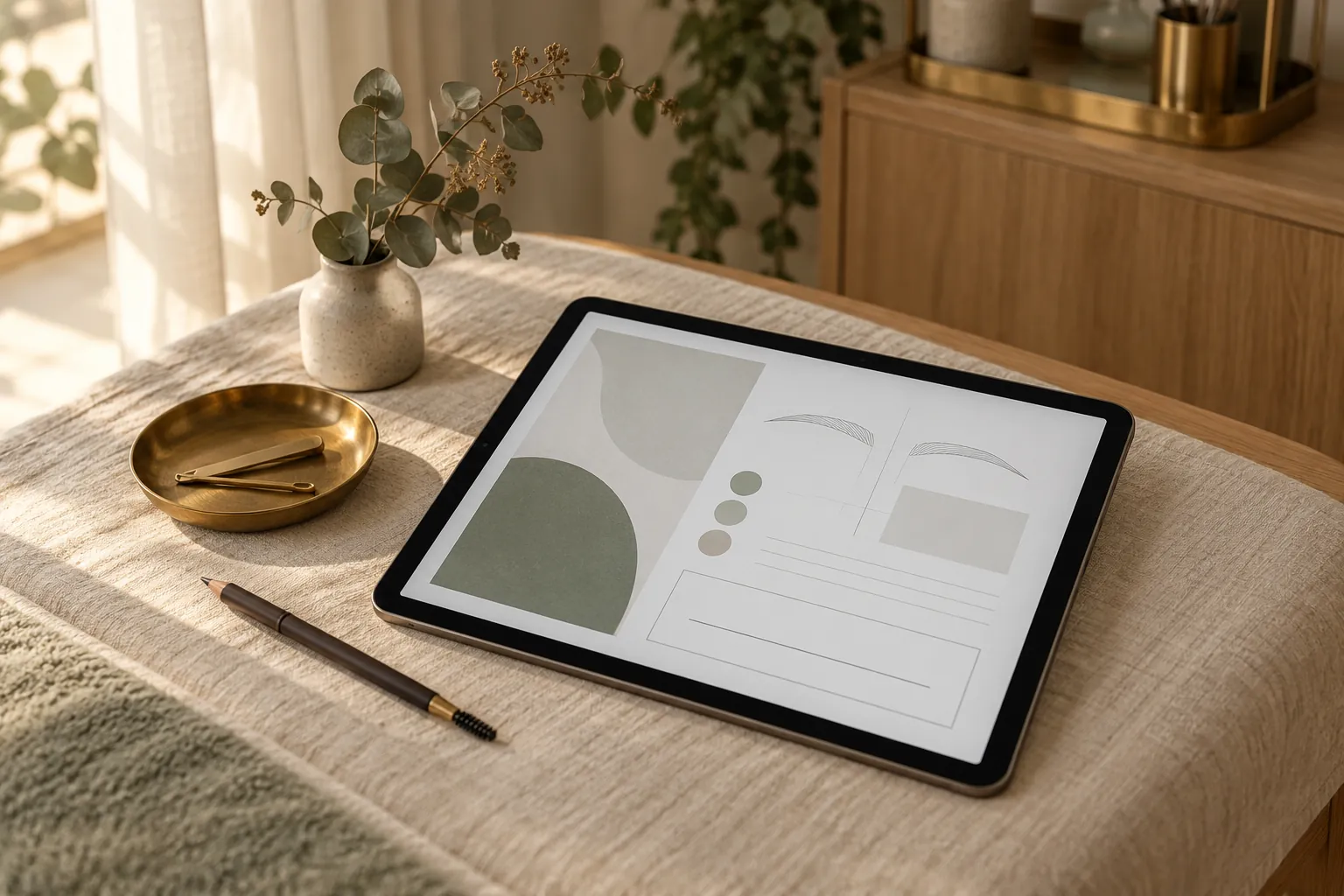 A tablet with a blank form and signature line on ivory linen beside brow tools in a calm beauty studio