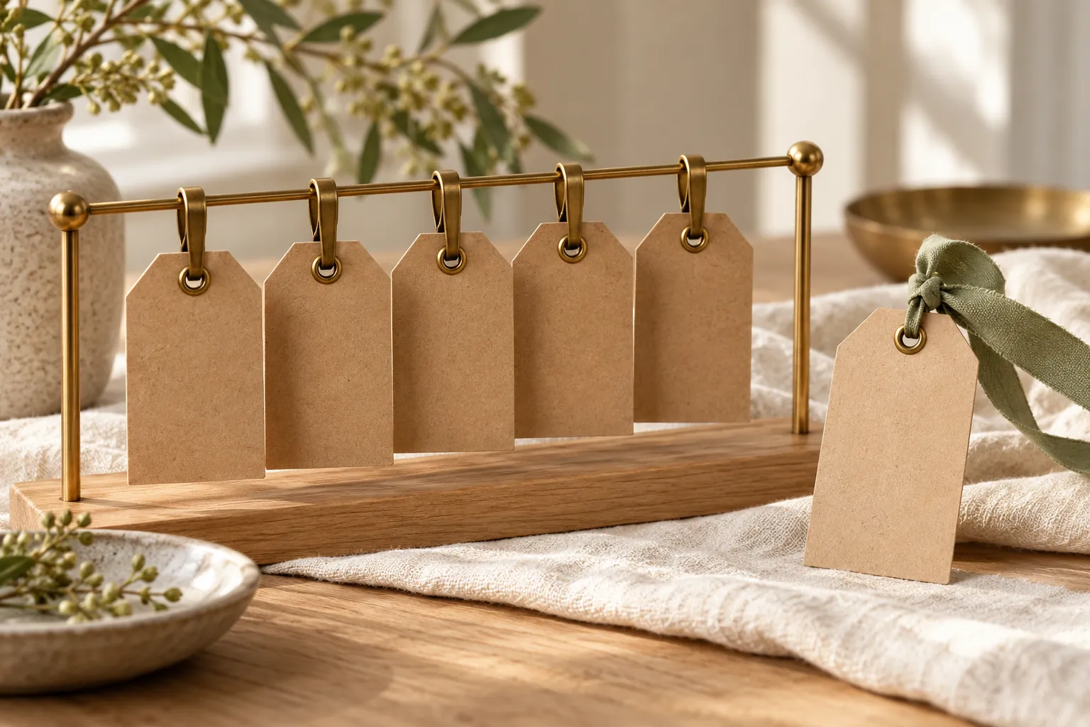 A row of blank kraft tags clipped to a brass rail, one tied apart with a sage ribbon