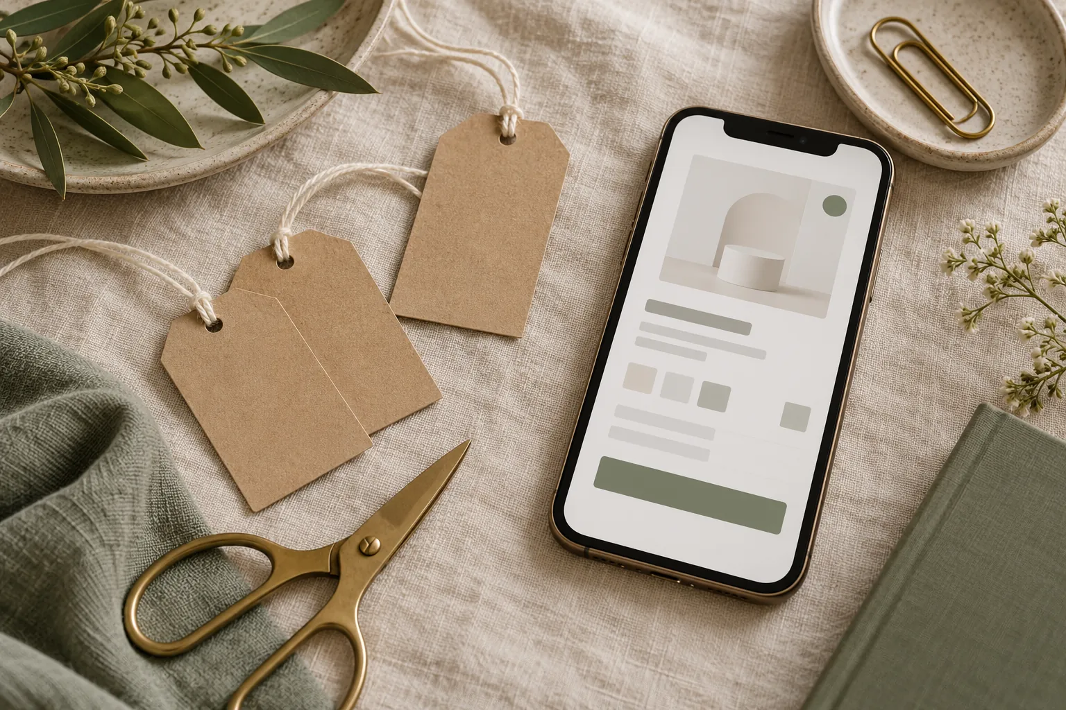 Blank kraft paper tags on cotton string beside brass scissors and a phone showing an abstract checkout