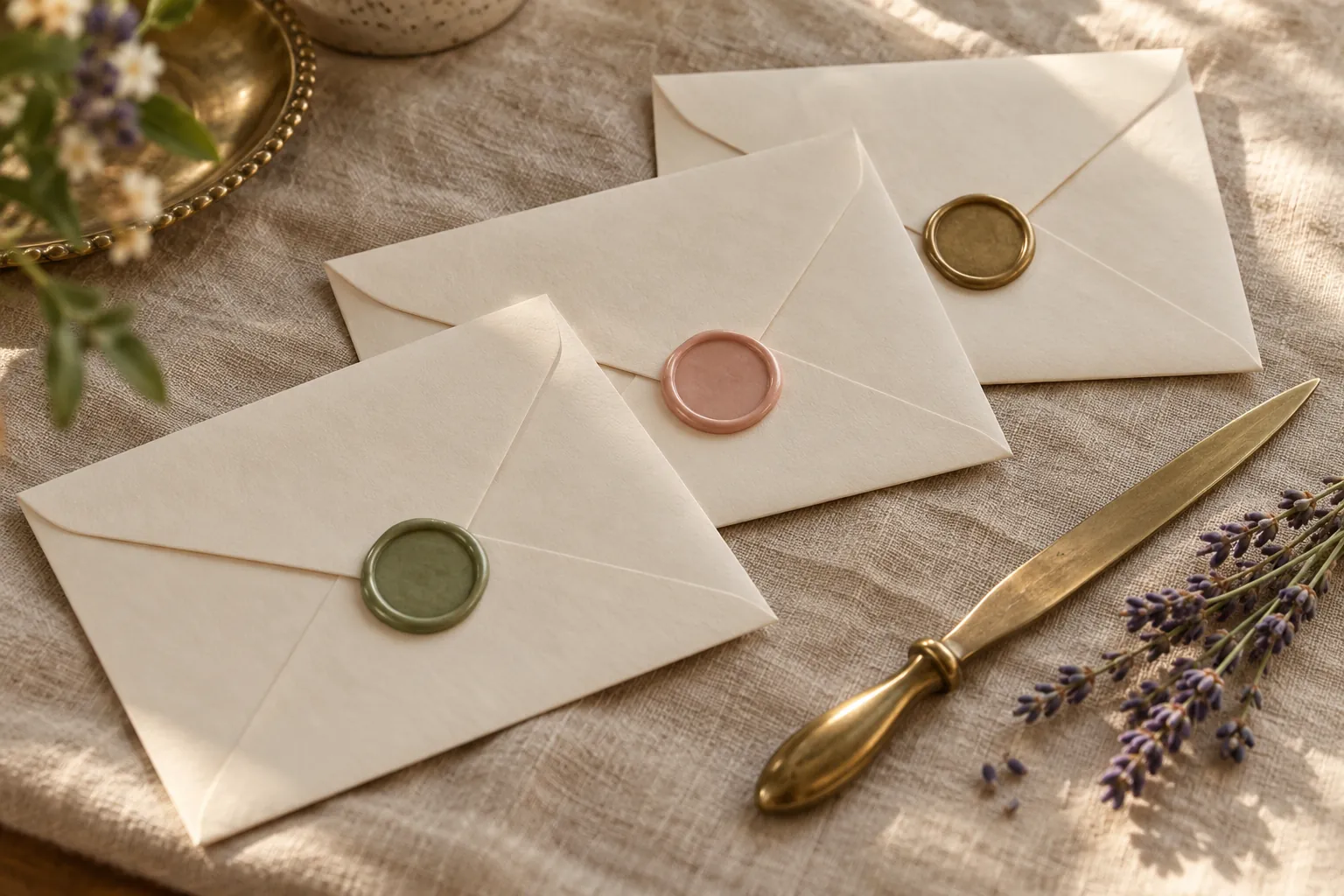 Three sealed ivory envelopes with different coloured wax seals on warm linen