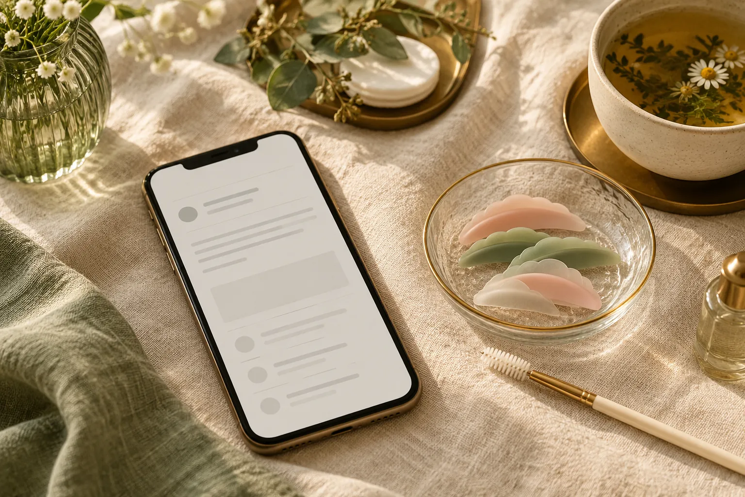 A phone showing an abstract email next to lash lift shields in a glass dish on ivory linen