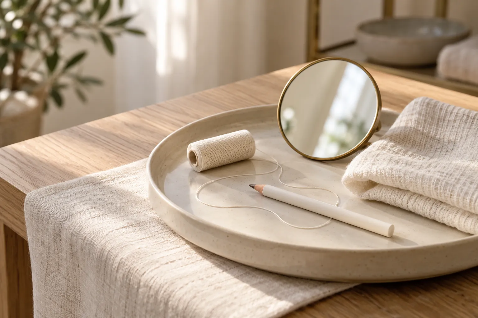 A ceramic tray with a brow mapping string, a white pencil and a small mirror on a treatment table
