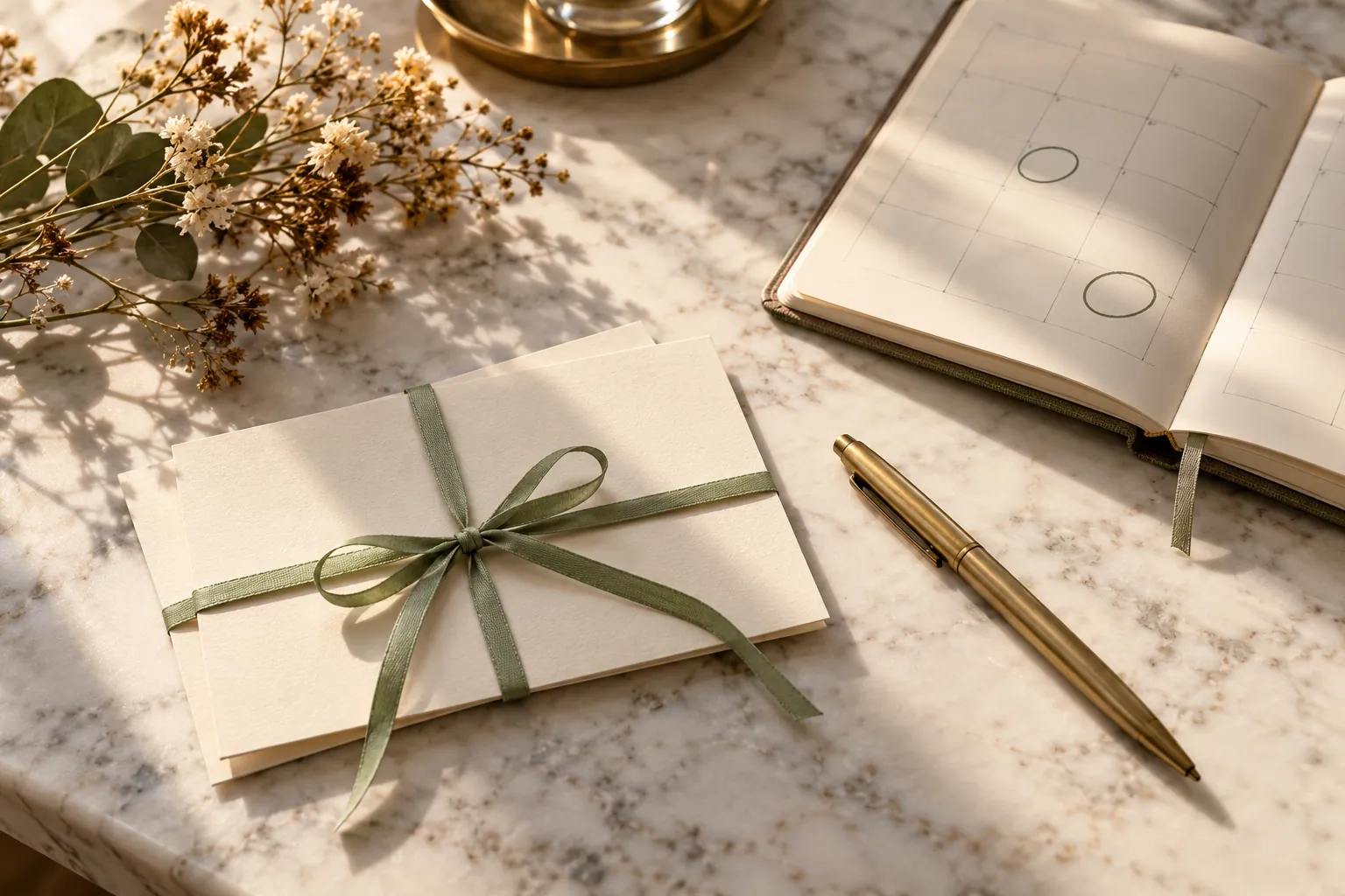 Two ivory appointment cards tied with a sage ribbon beside a brass pen and an open planner